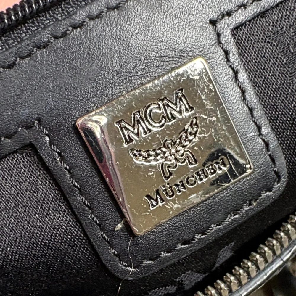 MCM  Visetos Black Boston Bag Leather Trim Silver Hardware Charms CIOA